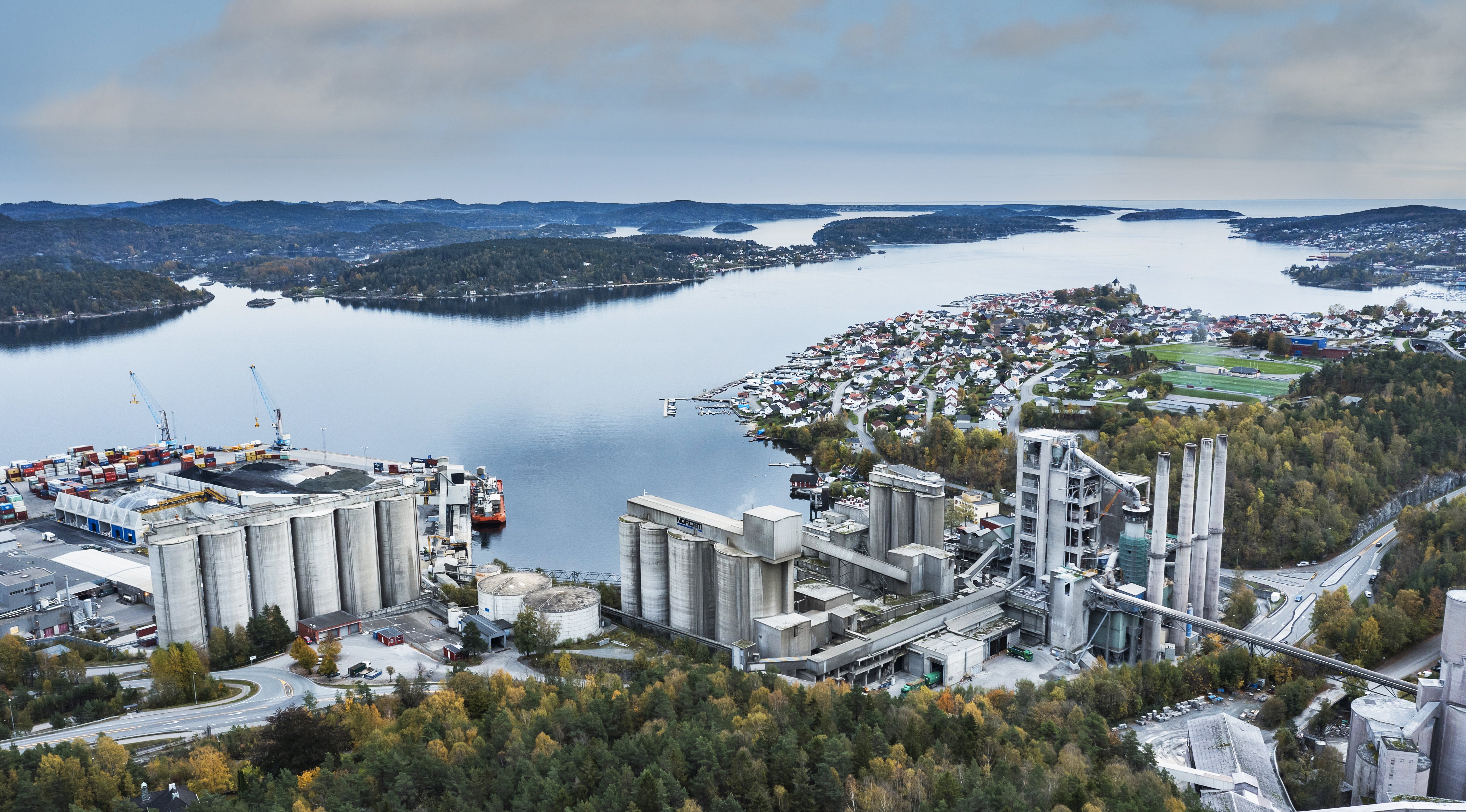 Aerial view of a cement plant by the sea